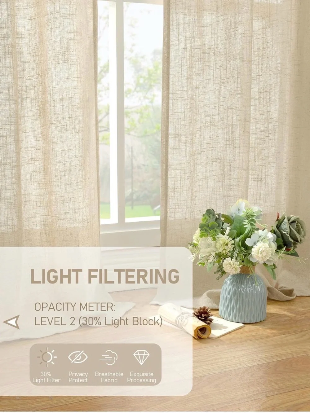 Natural Linen Blended Curtains 2 Panels Semi Sheer Light Filtering 52 x 120 Inch